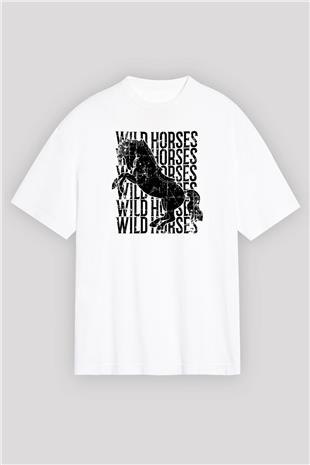 Binicilik Baskılı Unisex Beyaz Oversize Tişört - Tshirt