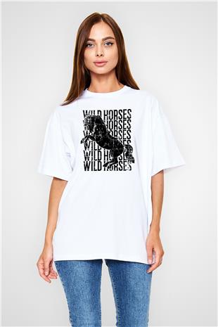 Binicilik Baskılı Unisex Beyaz Oversize Tişört - Tshirt