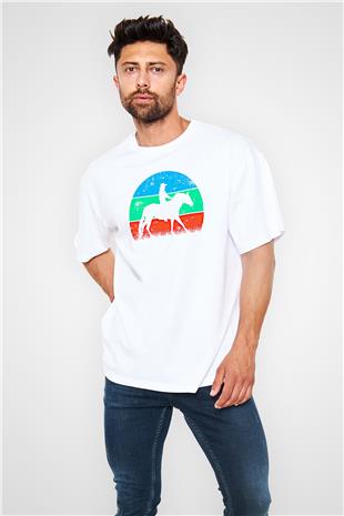 Binicilik Baskılı Unisex Beyaz Oversize Tişört - Tshirt