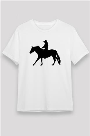 Binicilik Baskılı Unisex Beyaz Tişört - Tshirt