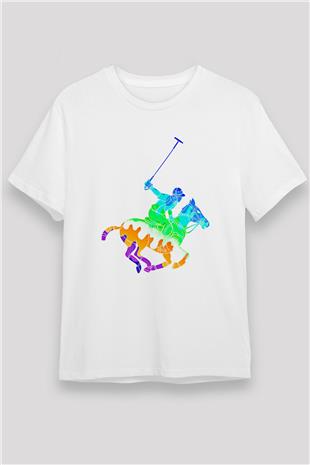 Binicilik Baskılı Unisex Beyaz Tişört - Tshirt