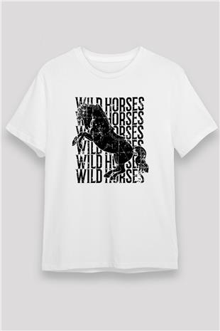 Binicilik Baskılı Unisex Beyaz Tişört - Tshirt