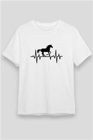 Binicilik Baskılı Unisex Beyaz Tişört - Tshirt