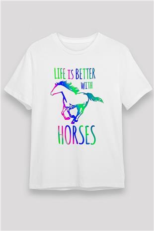 Binicilik Baskılı Unisex Beyaz Tişört - Tshirt