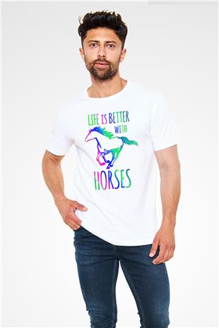 Binicilik Baskılı Unisex Beyaz Tişört - Tshirt
