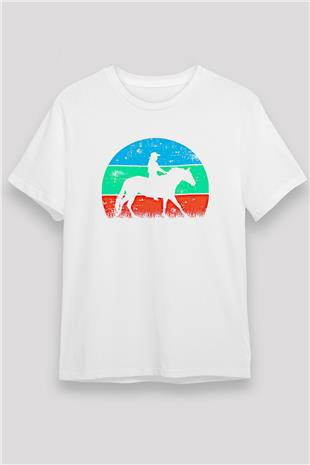 Binicilik Baskılı Unisex Beyaz Tişört - Tshirt