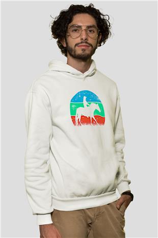 Binicilik Baskılı Unisex Ekru Hoodie