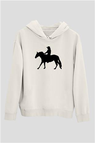 Binicilik Baskılı Unisex Ekru Hoodie