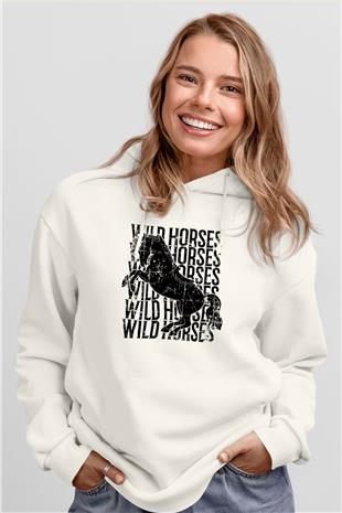 Binicilik Baskılı Unisex Ekru Hoodie