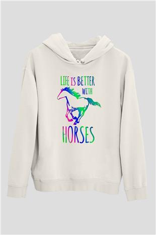 Binicilik Baskılı Unisex Ekru Hoodie