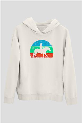 Binicilik Baskılı Unisex Ekru Hoodie