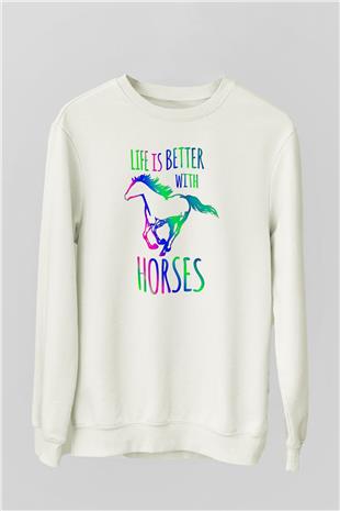 Binicilik Baskılı Unisex Ekru Sweatshirt
