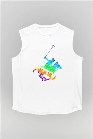 Binicilik Baskılı Unisex Kolsuz Beyaz Tişört