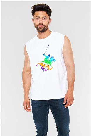Binicilik Baskılı Unisex Kolsuz Beyaz Tişört