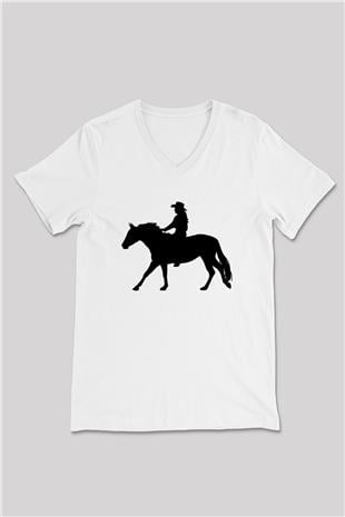 Binicilik Baskılı Unisex V Yaka Tişört - Tshirt