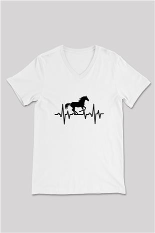 Binicilik Baskılı Unisex V Yaka Tişört - Tshirt