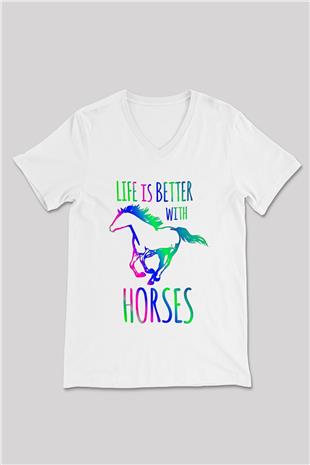Binicilik Baskılı Unisex V Yaka Tişört - Tshirt