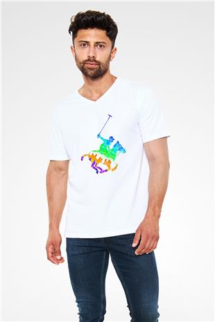 Binicilik Baskılı Unisex V Yaka Tişört - Tshirt