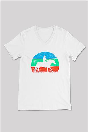 Binicilik Baskılı Unisex V Yaka Tişört - Tshirt