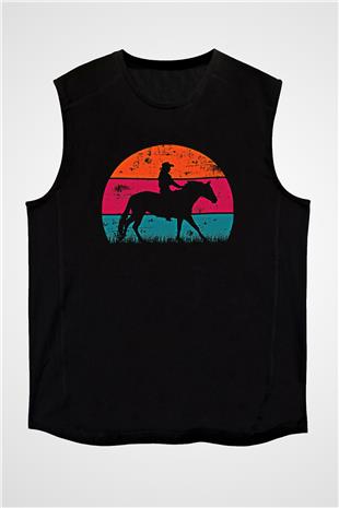 Binicilik - Riding Baskılı Unisex Siyah Kolsuz Tişört
