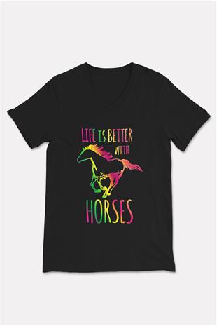 Binicilik - Riding Baskılı Unisex Siyah V Yaka Tişört
