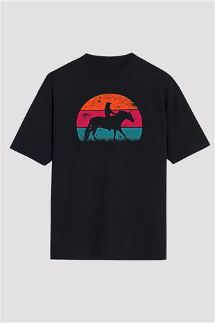 Binicilik - Riding Baskılı Unisex Siyah Oversize Tişört