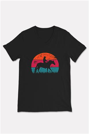 Binicilik - Riding Baskılı Unisex Siyah V Yaka Tişört