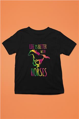 Binicilik - Riding Baskılı Unisex Siyah Çocuk Tİşörtü - Tshirt