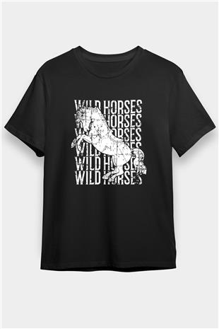 Binicilik - Riding Baskılı Unisex Siyah Tişört - Tshirt