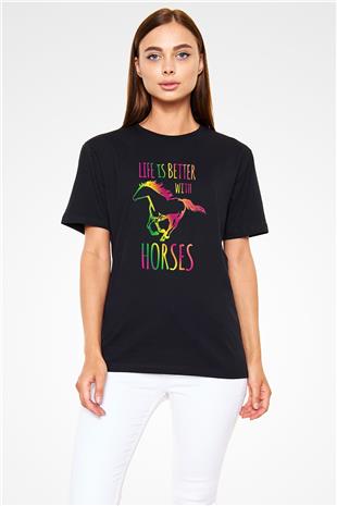 Binicilik - Riding Baskılı Unisex Siyah Tişört - Tshirt