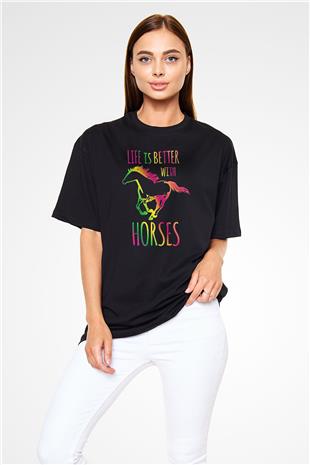 Binicilik - Riding Baskılı Unisex Siyah Oversize Tişört