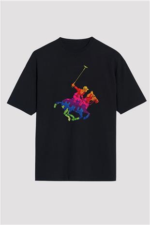 Binicilik - Riding Baskılı Unisex Siyah Oversize Tişört