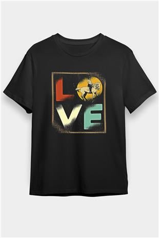 Binicilik - Riding Baskılı Unisex Siyah Tişört - Tshirt