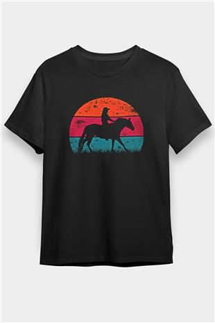 Binicilik - Riding Baskılı Unisex Siyah Tişört - Tshirt