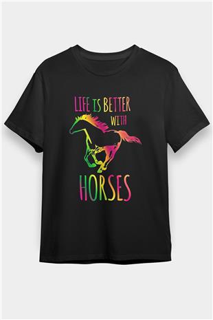 Binicilik - Riding Baskılı Unisex Siyah Tişört - Tshirt