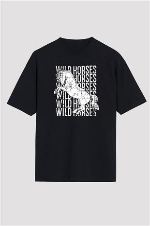 Binicilik - Riding Baskılı Unisex Siyah Oversize Tişört