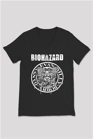 Biohazard Siyah Unisex V Yaka Tişört T-Shirt