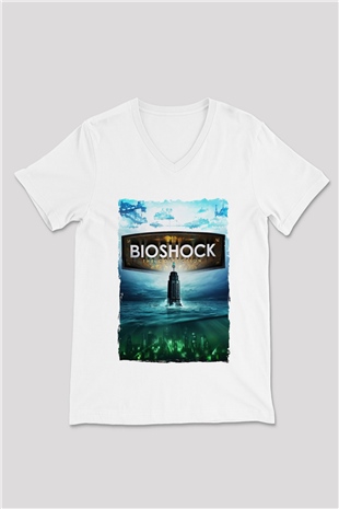 BioShock Beyaz Unisex V Yaka Tişört