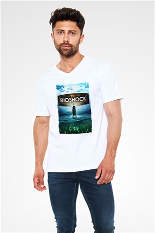 BioShock Beyaz Unisex V Yaka Tişört