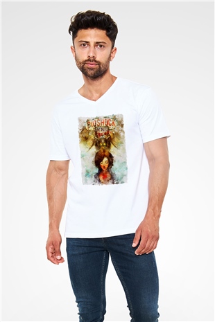 BioShock Beyaz Unisex V Yaka Tişört