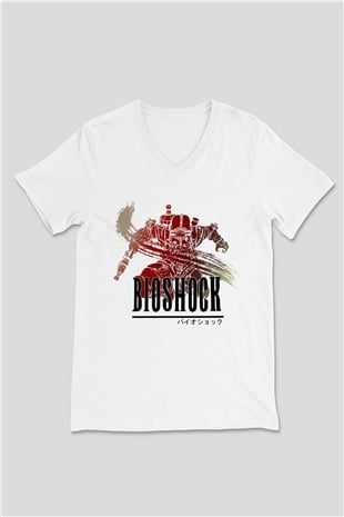 BioShock Beyaz Unisex V Yaka Tişört T-Shirt
