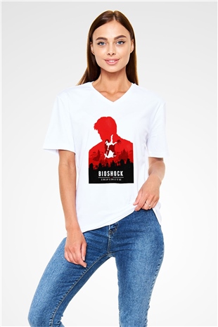 BioShock Beyaz Unisex V Yaka Tişört T-Shirt