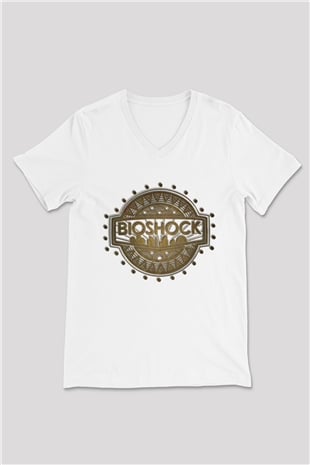 BioShock Beyaz Unisex V Yaka Tişört T-Shirt