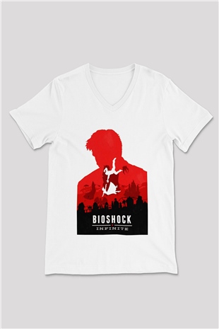 BioShock Beyaz Unisex V Yaka Tişört T-Shirt