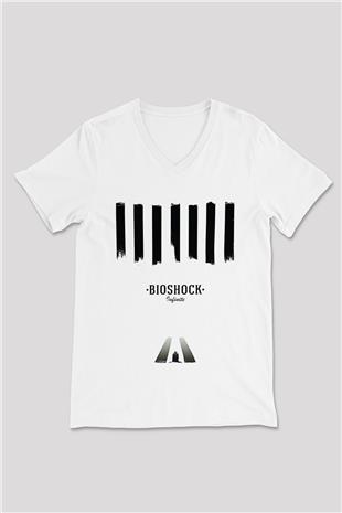 Bioshock James Baskılı Beyaz Unisex V Yaka Tişört - Tshirt
