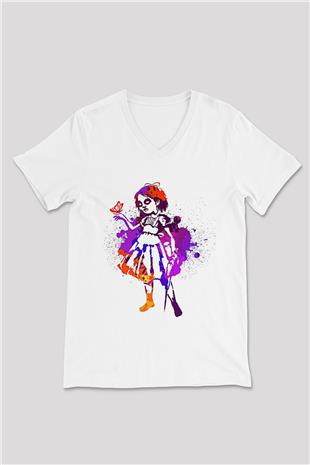 Bioshock James Baskılı Beyaz Unisex V Yaka Tişört - Tshirt