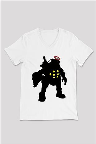 Bioshock James Baskılı Beyaz Unisex V Yaka Tişört - Tshirt