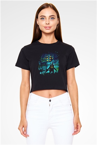 Bioshock James Baskılı Siyah Crop Top Kadın Tişört - Tshirt