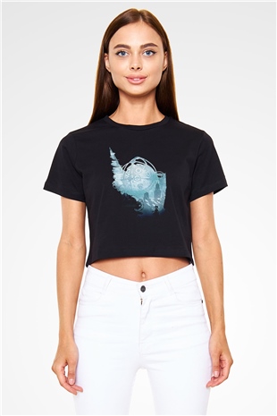 Bioshock James Baskılı Siyah Crop Top Kadın Tişört - Tshirt