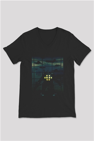 Bioshock James Baskılı Unisex Siyah V Yaka Tişört - Tshirt
